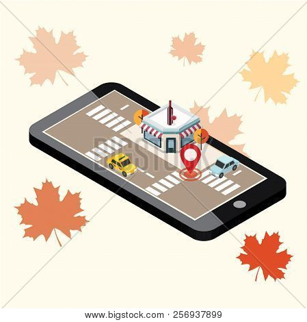 Mobile Searching. Looking For Bar Or Wine Shop. Isometric Mobile And Wine. Geo Tracking. Map. City L
