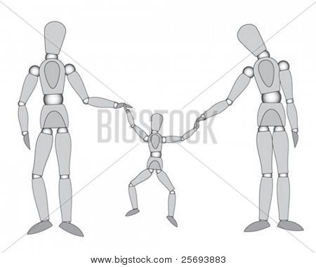 Wooden mannequins ( ready to move ), family with child, isolated on white