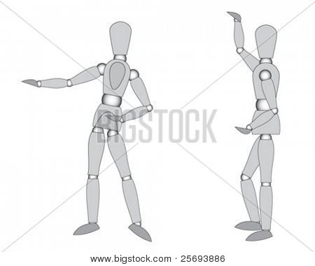  Wooden mannequins ( ready to move ), posing and holding, isolated on white