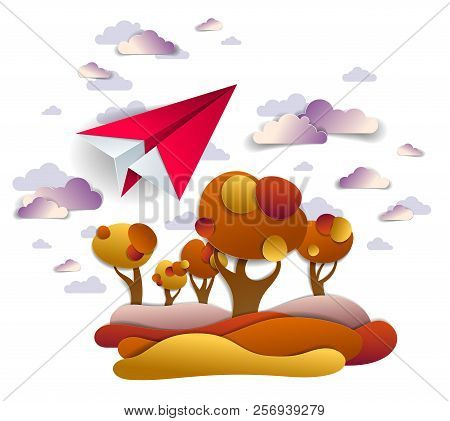 Origami Paper Plane Toy Flying In The Autumn Sky Over Red And Yellow Meadows And Trees, Perfect Vect