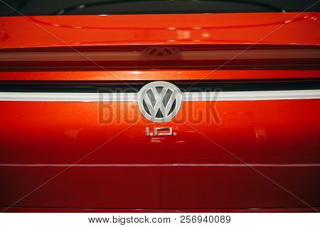 Berlin, August 29, 2018: A Close-up Of The Sign On The New Volkswagen I.d Vizzion Concept Sedan Elec
