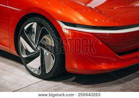 Berlin, August 29, 2018: Close-up Of A Wheel. The New Volkswagen I.d Vizzion Concept Sedan Electric 