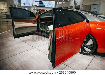 Berlin, August 29, 2018: The New Volkswagen I.d Vizzion Concept Sedan Electric Car Presented At The 