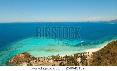 Aerial View Of Tropical Beach On The Island Malcapuya, Palawan, Philippines. Beautiful Tropical Isla