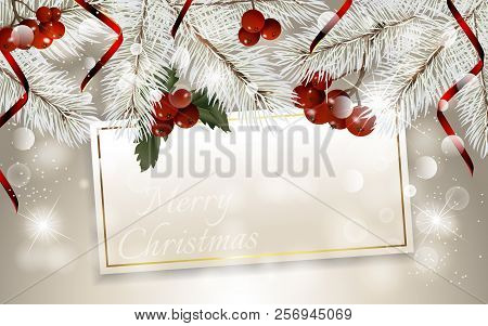 Christmas Card With Fir Branches, Christmas Berry And Red Ribbon, With Space For Text. Vector Christ