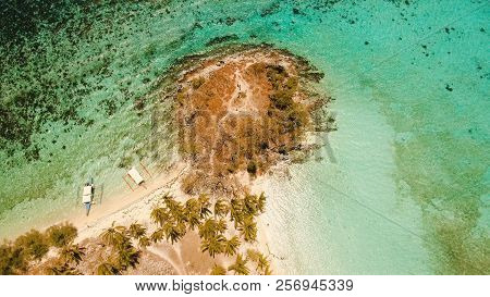 Aerial View Of Tropical Beach On The Island Malcapuya, Palawan, Philippines. Beautiful Tropical Isla
