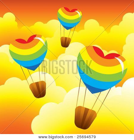 Rainbow hjerte form varm luftballon i aftenhimmel