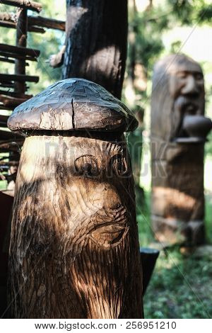 Ancient Wooden Idols Of The Slavic Gods. Two Wooden Idols Of Different Gods Of Ancient Slavs. Faces 