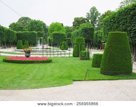 Abstract Ideal Flower Beds And Shorn Trees In A Well-kept Park