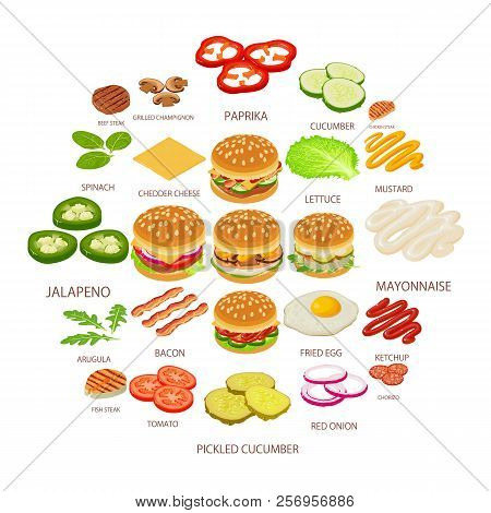 Burger Ingredient Icons Set. Isometric Illustration Of 25 Burger Ingredient Food Icons For Web