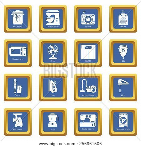 Domestic Appliances Icons Set Blue Square Isolated On White Background