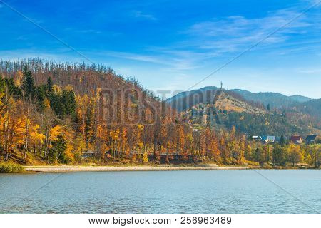 Beautiful Lake Bajer And Town Of Fuzine, Gorski Kotar, Croatia, In Autumn