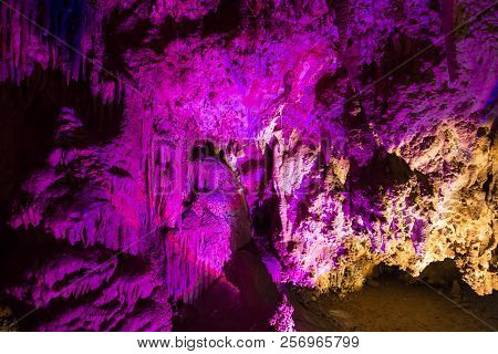 Venetsa Cave In Bulgaria. Beautiful Colorful And Illuminated Cave Full With Semiprecious Onyx Stones