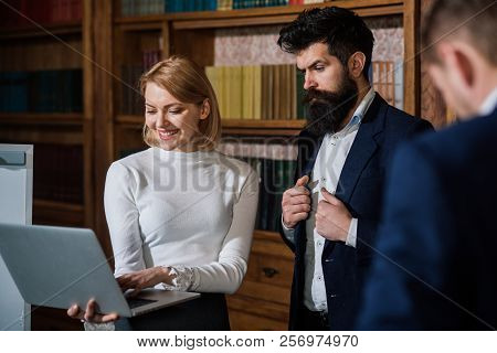 Modern Life Concept. Busy Modern Life. Woman And Men Use Laptops In Modern Life. Modern Life With Ne