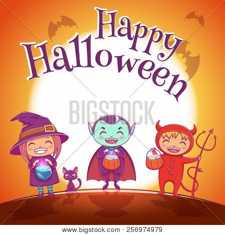 Halloween Poster With Kids In Costumes Of Witch, Vampire And Devil For Happy Halloween Party. On Jra