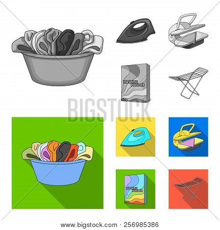 A Bowl With Laundry, Iron, Ironing Press, Washing Powder. Dry Cleaning Set Collection Icons In Monoc