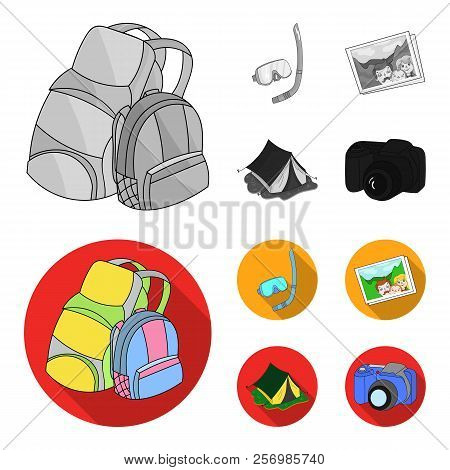 Travel, Vacation, Backpack, Luggage .family Holiday Set Collection Icons In Monochrome, Flat Style V