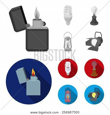 Lighter, Economical Light Bulb, Edison Lamp, Kerosene Lamp.light Source Set Collection Icons In Mono