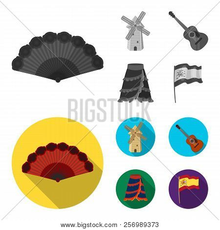 Fan Spanish, Mill, Guitar, Skirt For National Spanish Dances. Spain Country Set Collection Icons In 