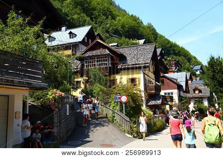 06. 08.2018 : Hallstatt, Austria - Small Mountain Village,  Salzkammergut Cultural Landscape, One Of