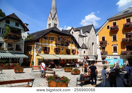 06. 08.2018 : Hallstatt, Austria - Small Mountain Village,  Salzkammergut Cultural Landscape, One Of