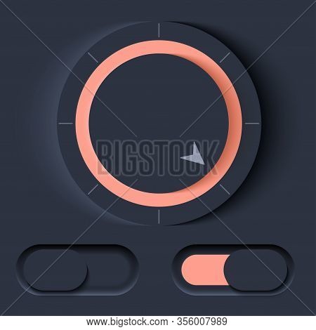 Neumorph Ui Kit With Volume Knob And Switches. Dark Set. Workflow Control And Navigation Elements In
