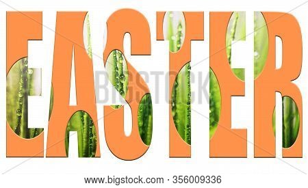 Font Easter . Color Print Easter , Green Grass With Dew, Embossed In The Form Of Easter Eggs