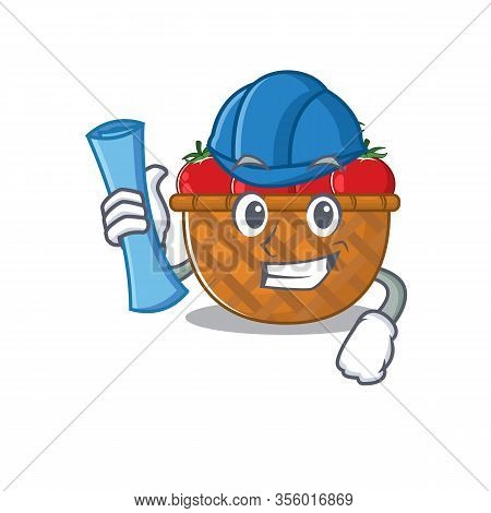 Smiling Architect Of Tomato Basket Having Blue Prints And Blue Helmet