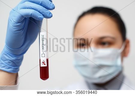 Coronavirus Covid 19 Ncov Outbreak. Medical Or Scientific Holding Corona Virus Blood Test Tube From 