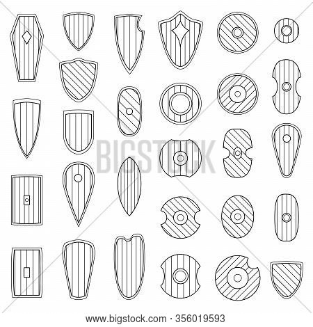Set Of Simple Monochrome Vector Images Of Medieval Shields And Bucklers Drawn By Lines.