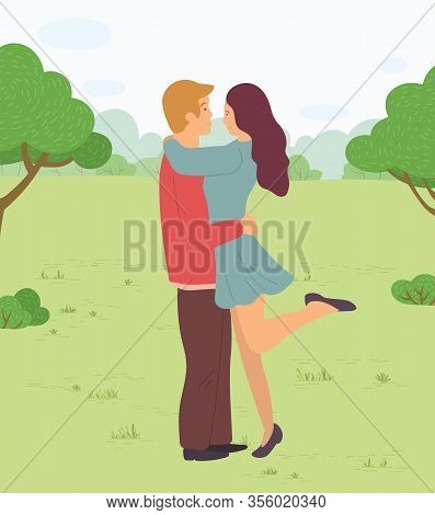 Happy Couple On Date In Park Or Forest. Man And Woman Hugging Standing Together. Love In Air, Romant