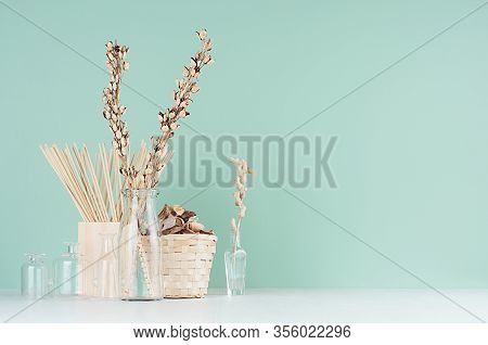 Natural Beige Organic Accessories For Interior In  Green Mint Menthe Interior - Dried Plants In Bott