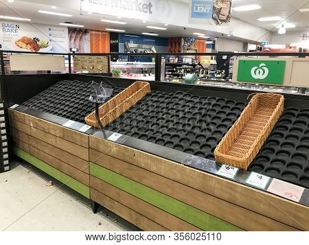 Sydney, Australia 2020-03-17 Empty Fruit And Vegetables Shelf At Woolworths Caringbah Supermarket. C