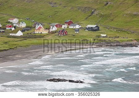 Traditional Picturesque Faroese Village In Sandoy Island. Faroe Islands