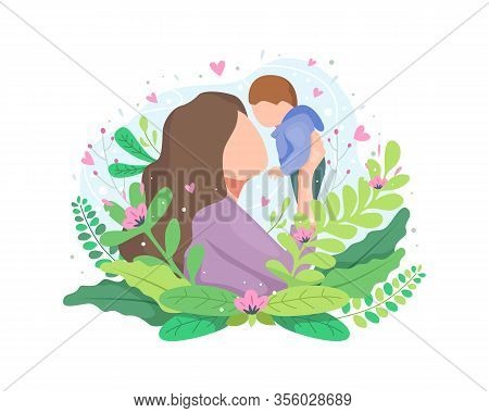 Vector Illustration Mother Holding Baby. Mother Throws Baby Up, Portrait Of Happy Loving Mother And 