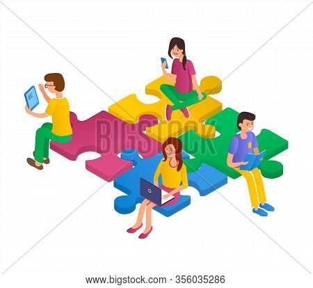 Teamwork Business Banner Concept. Girls And Boys Work Together, Sit On The Pieces Of The Puzzle.