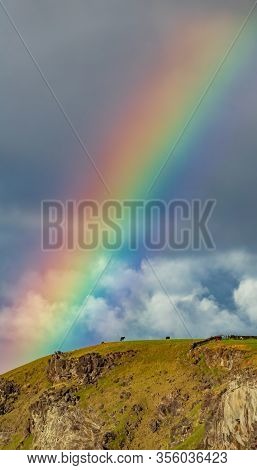Rainbow Over The Mountain With Horses And Clouds