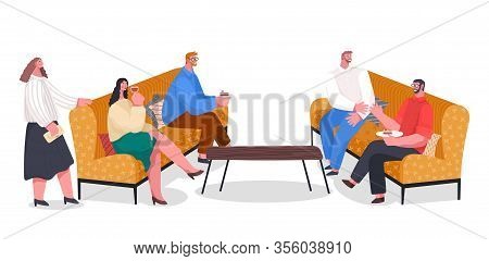 People Have Dinner, Party With Food And Drinks, Home Reception. Friends Spending Leisure Time Togeth
