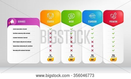 Creativity, Winner And Statistics Timer Line Icons Set. Pricing Table, Price List. Cogwheel Sign. In