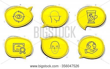 Face Recognition Sign. Diploma Certificate, Save Planet Chat Bubbles. Mint Leaves, Eye Target And Fa
