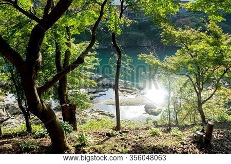 Side Seeing Riverside From Sagano Train In Arashiyama ,river With Sunlight Green Water.