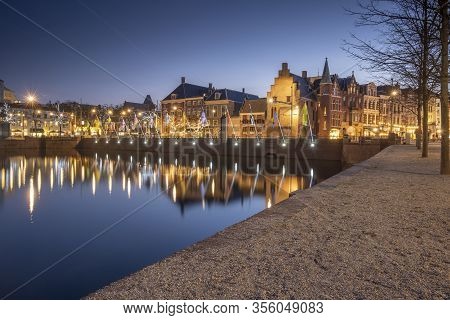 The Hague - February 17 2019: The Hague, The Neherlands. A Cozy Street With Cafes In The Center Of T