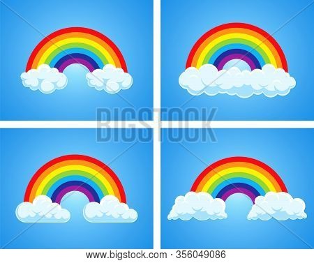 Vector Symbol Of Rainbow And Clouds In The Blue Sky. Colorful Collection  Of Weather Backgrounds. Br