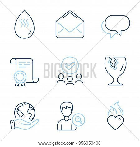 Mail, Heart Flame And Search People Line Icons Set. Diploma Certificate, Save Planet, Group Of Peopl