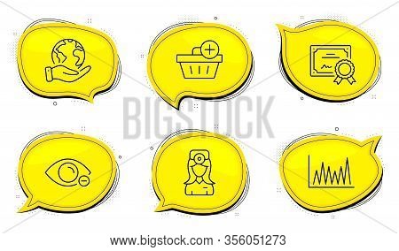 Oculist Doctor Sign. Diploma Certificate, Save Planet Chat Bubbles. Myopia, Line Graph And Add Purch