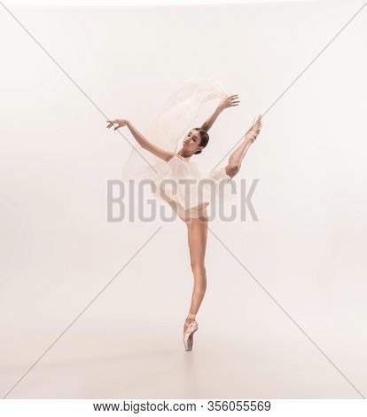 Graceful Classic Ballerina Dancing, Posing Isolated On White Studio Background. Tender Peach Cloth. 