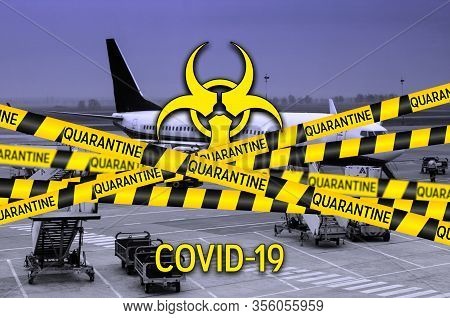 Flight Canceled Because Of The Pandemic Coronavirus Covid-19 Concept. Collage With Caution Yellow An