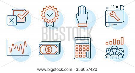 Three Fingers, Calculator And Stock Analysis Signs. Teamwork Results, Payment And Spanner Line Icons