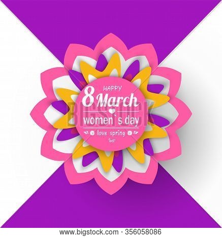 8 March Womens Day Paper Cut Flower Greeting Card With Japanese Origami. Vector Blossom Folder In De