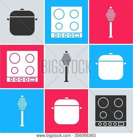 Set Cooking Pot, Gas Stove And Honey Dipper Stick Icon. Vector